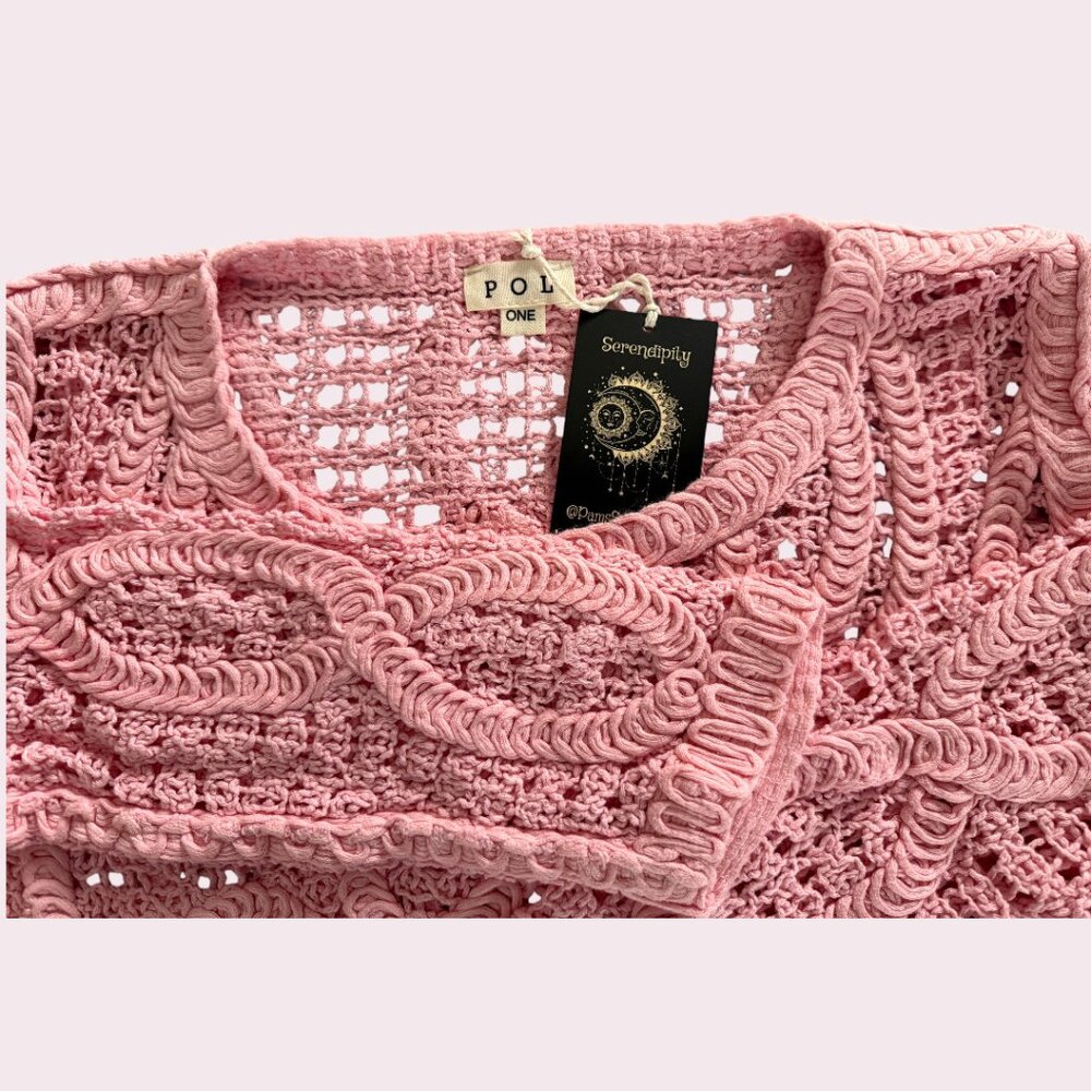 POL Petal Pink Crochet Semi Sheer Long Sleeve Crochet Soft Cotton Sweater Top - Picture 8 of 11